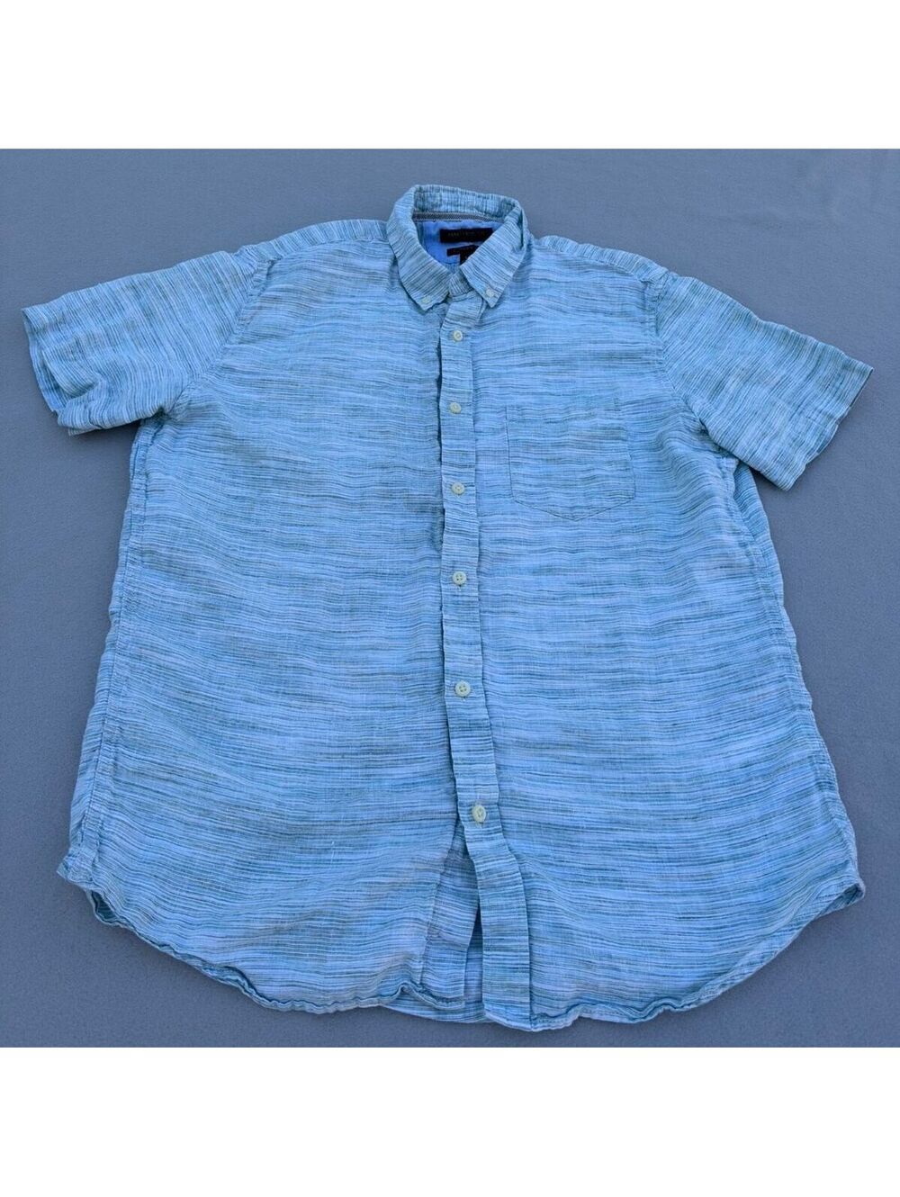 Banana Republic Camden Fit Shirt Mens L 100% Linen Blue Stripe Short Sleeve